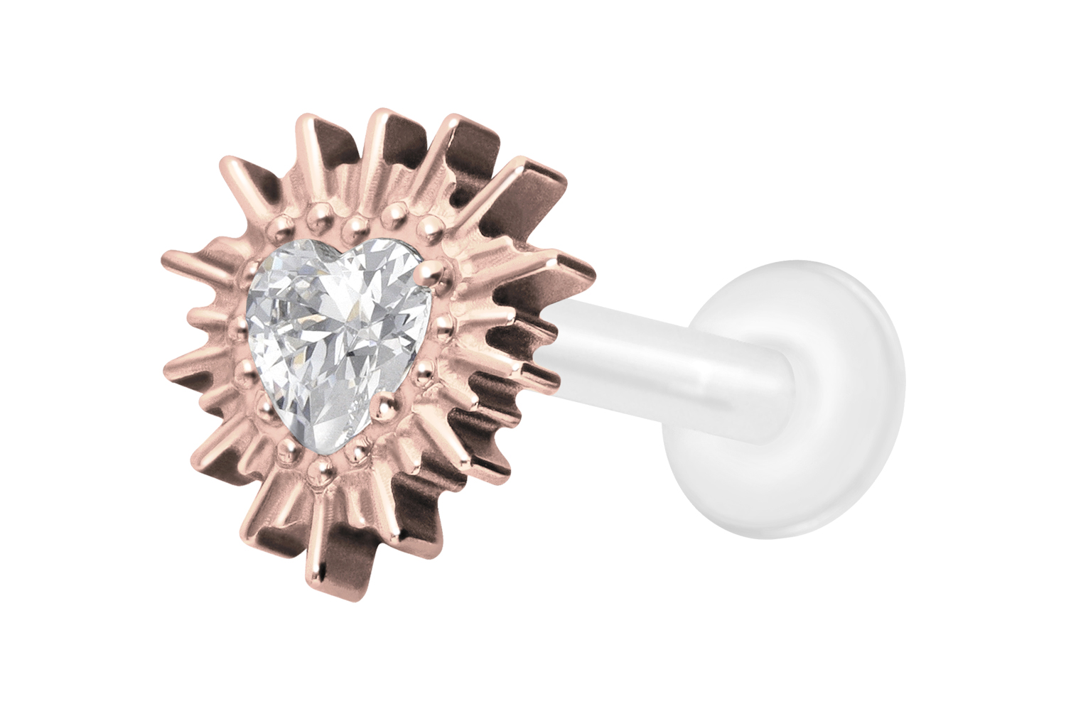 PTFE Labret Piercing mit Innengewinde + Titan-Aufsatz KRISTALLHERZ + SONNENSTRAHLEN